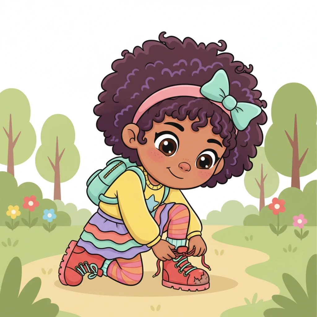 Zara proudly ties the laces on her well-worn, comfy shoes, which have seen many adventures and even have a little hole. They might not be the fanciest, but they carry her to exciting places, and she knows her real value isn't measured by what she wears. Her kindness and courage are far more precious.