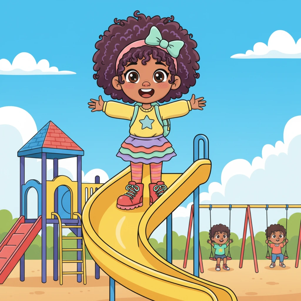 Standing tall on a playground slide, Zara feels her unique height, perhaps a little taller or shorter than her friends. She stretches her arms wide, realizing her body is perfectly designed for jumping, running, and giving the best hugs. Her strength comes from her amazing spirit, not just her size.