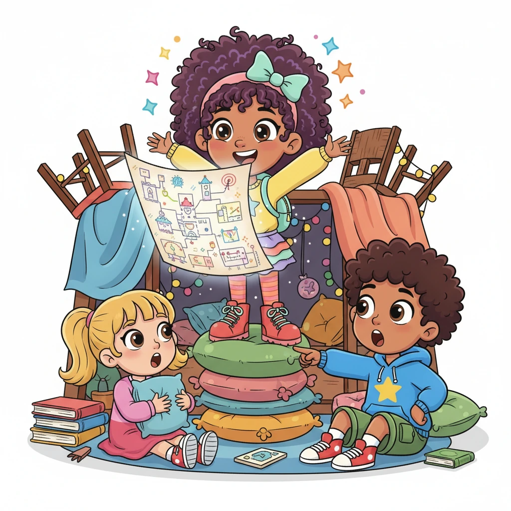 While building an imaginative fort, Zara has a brilliant idea that surprises her friends, who might have thought she was just quiet. She shows them how clever and creative she truly is, proving that what people *think* about her is only a tiny part of her vast inner world. Her mind is a sparkling treasure chest.