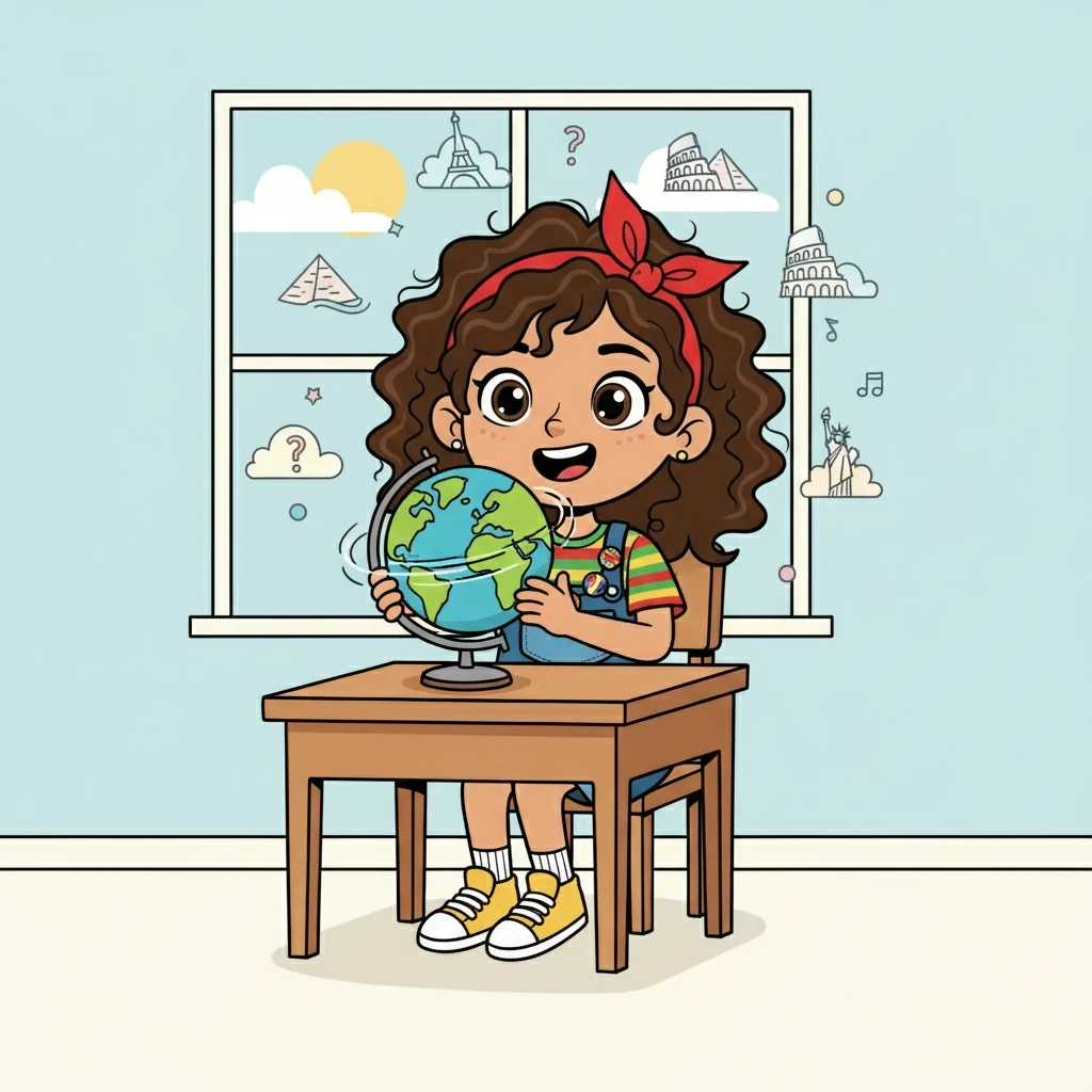 Eliza, a girl with a bright smile and a love for English, sat at her desk, a globe spinning before her. She dreamed of visiting every country, learning every language, and helping everyone she met. Her heart fluttered with excitement for the adventures that awaited her.