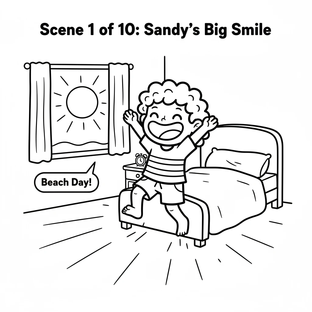 Sandy wakes up with a big smile. The sun peeks through her window, promising a perfect day. Today is beach day!
