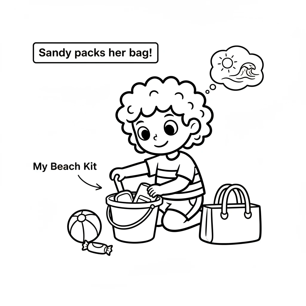 Sandy carefully packs her bright red bucket and shovel. She adds her favorite blue ball and a yummy snack. Her beach bag is ready for adventure!