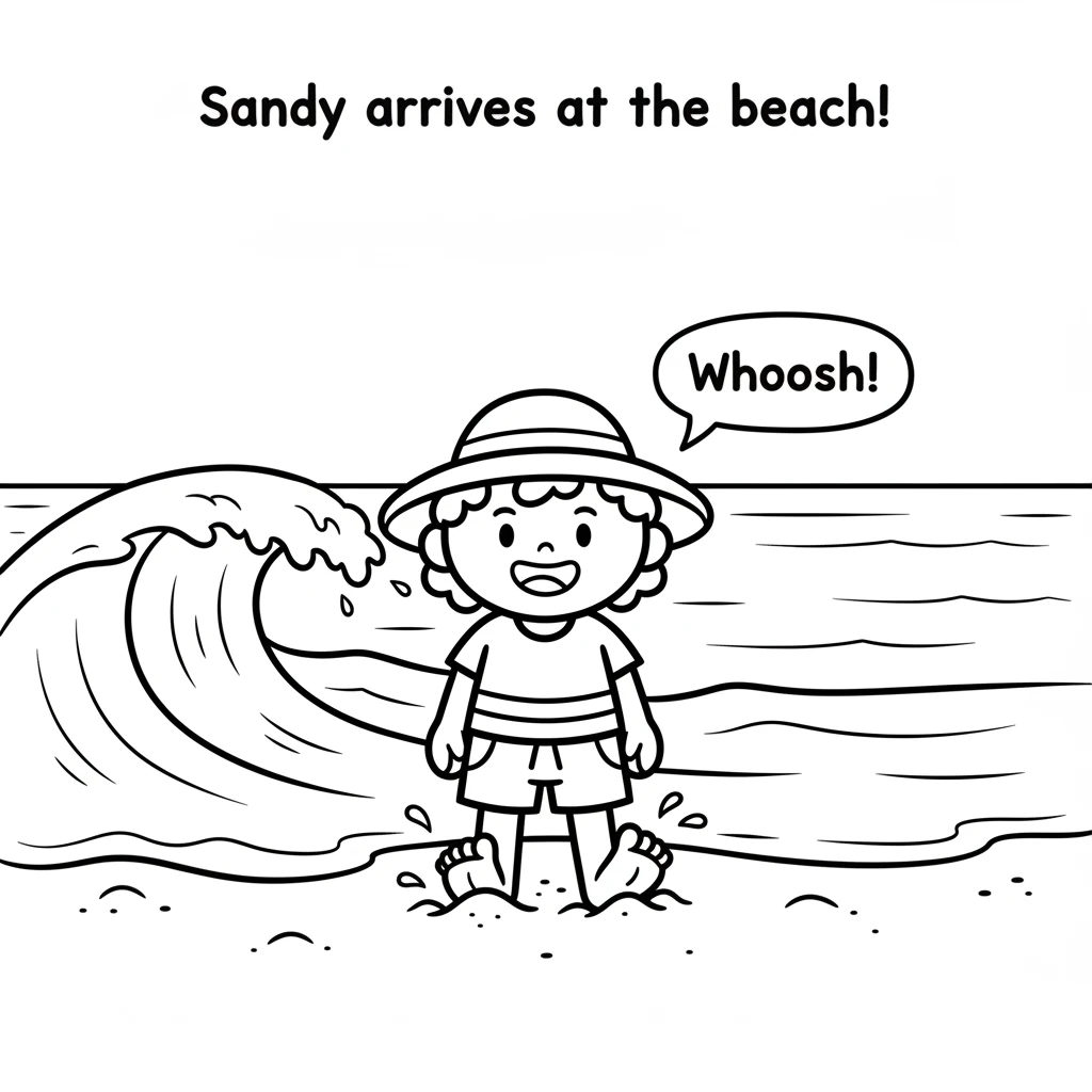 Sandy arrives at the beach, her toes wiggling in the warm sand. Big, gentle waves roll onto the shore, making a soft "whoosh" sound. The sky is a beau