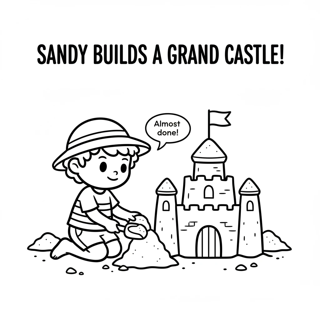 With her trusty shovel, Sandy starts to build a grand sandcastle. She piles up wet sand, making tall towers and strong walls. A little flag sits proud