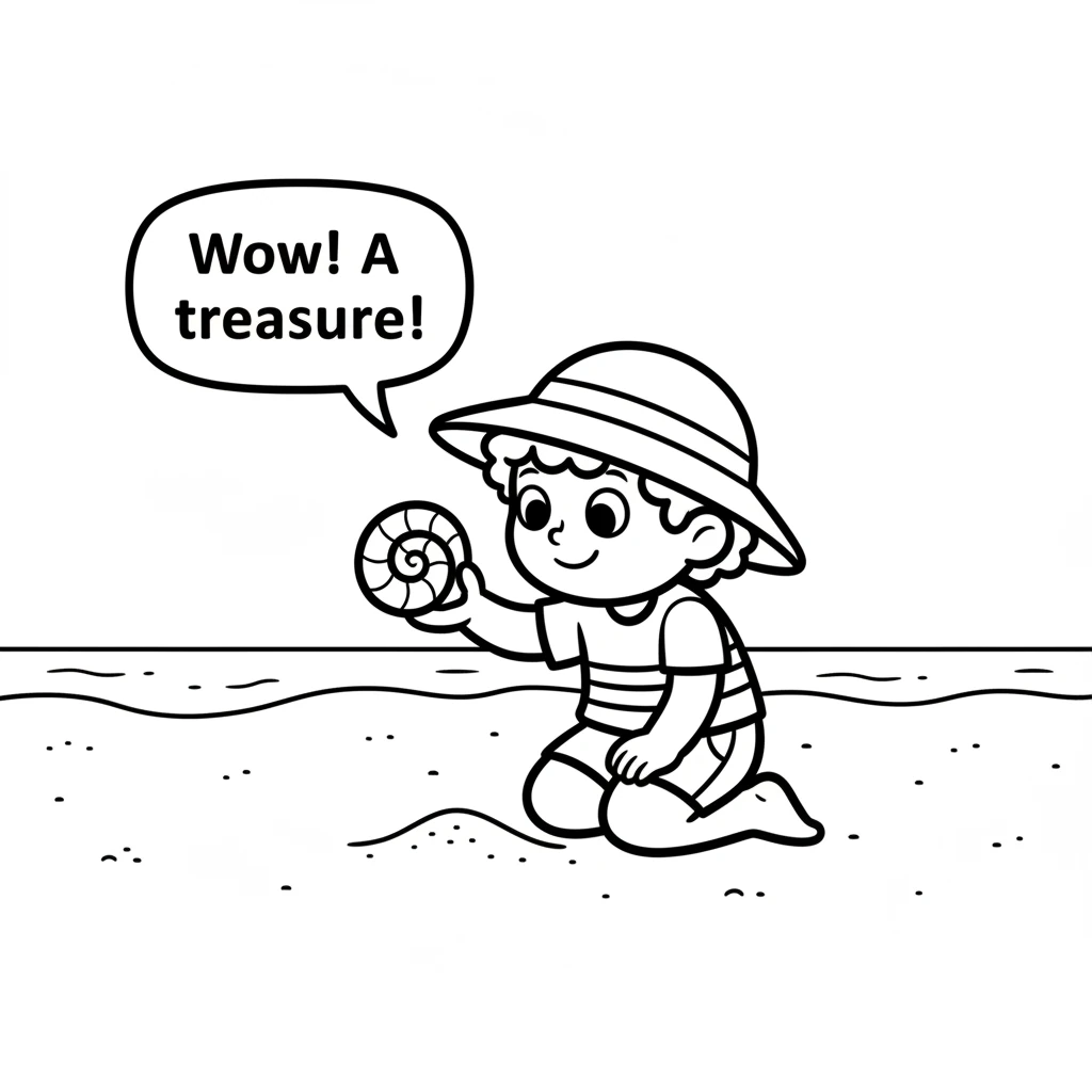 While exploring, Sandy spots something shiny in the sand. It's a beautiful pink seashell, swirled like a tiny treasure. She holds it gently in her han
