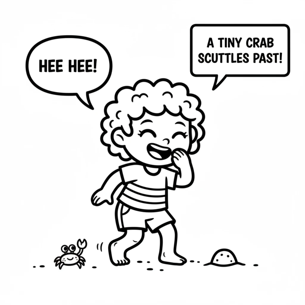 A tiny crab with big eyes scuttles past Sandy's feet. It waves its little claws as if saying hello. Sandy giggles as it disappears into a small hole.