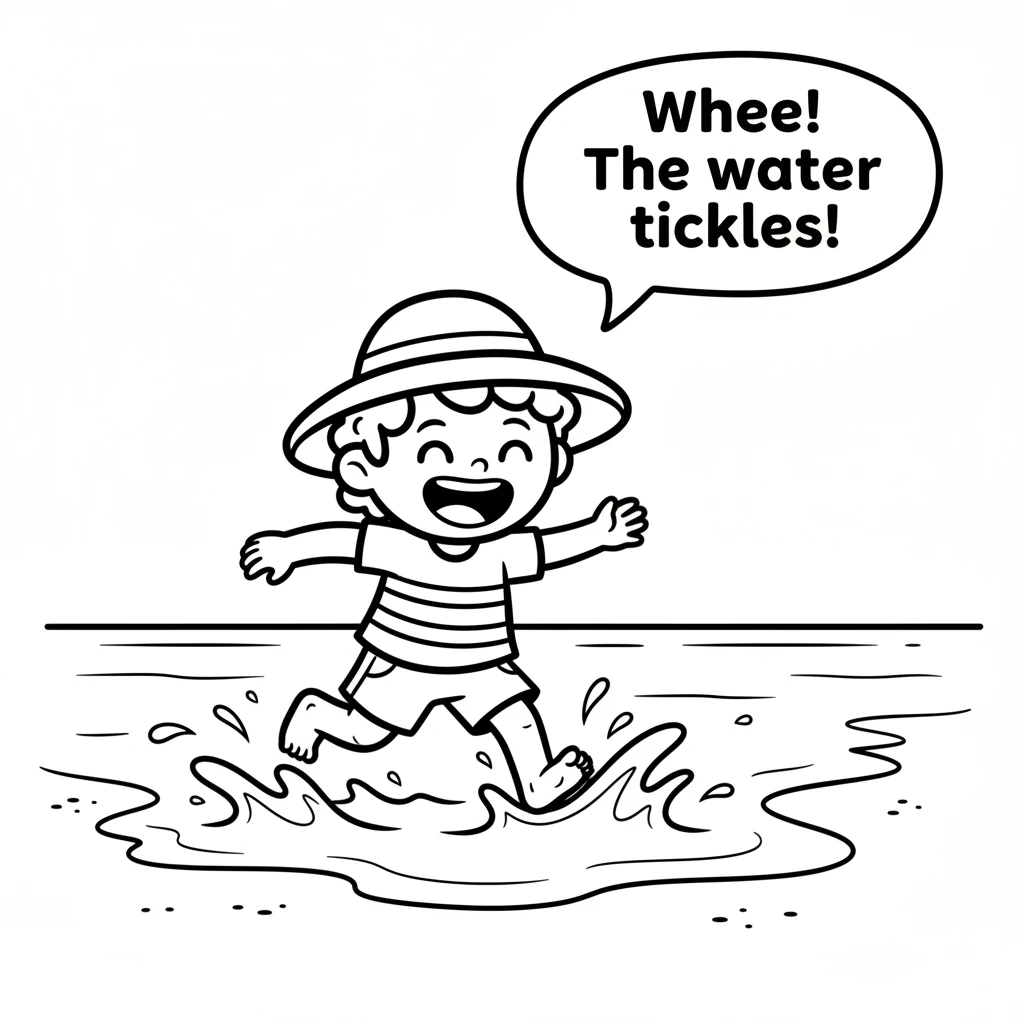 Sandy runs into the cool, shallow water. The waves splash around her knees, making her laugh with delight. She feels the ocean tickle her toes.