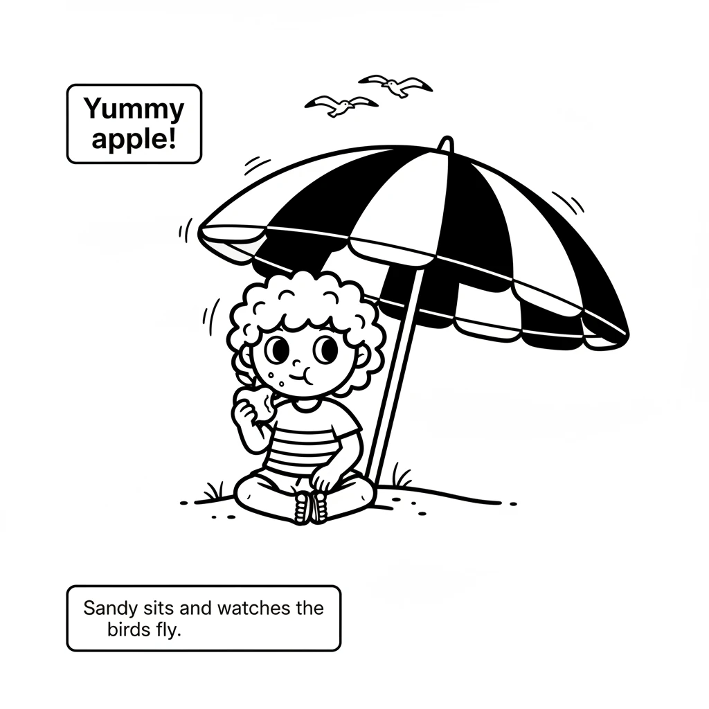 After all the fun, Sandy sits under a striped umbrella. She enjoys a juicy apple, watching the seagulls fly high above. The gentle breeze feels wonder
