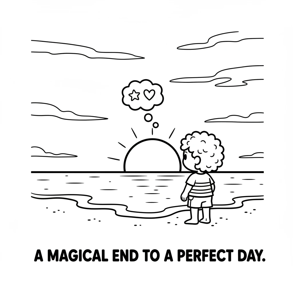 As the day winds down, Sandy watches the sun dip low. The sky turns warm orange and pink over the sparkling ocean. It's a magical end to a perfect day