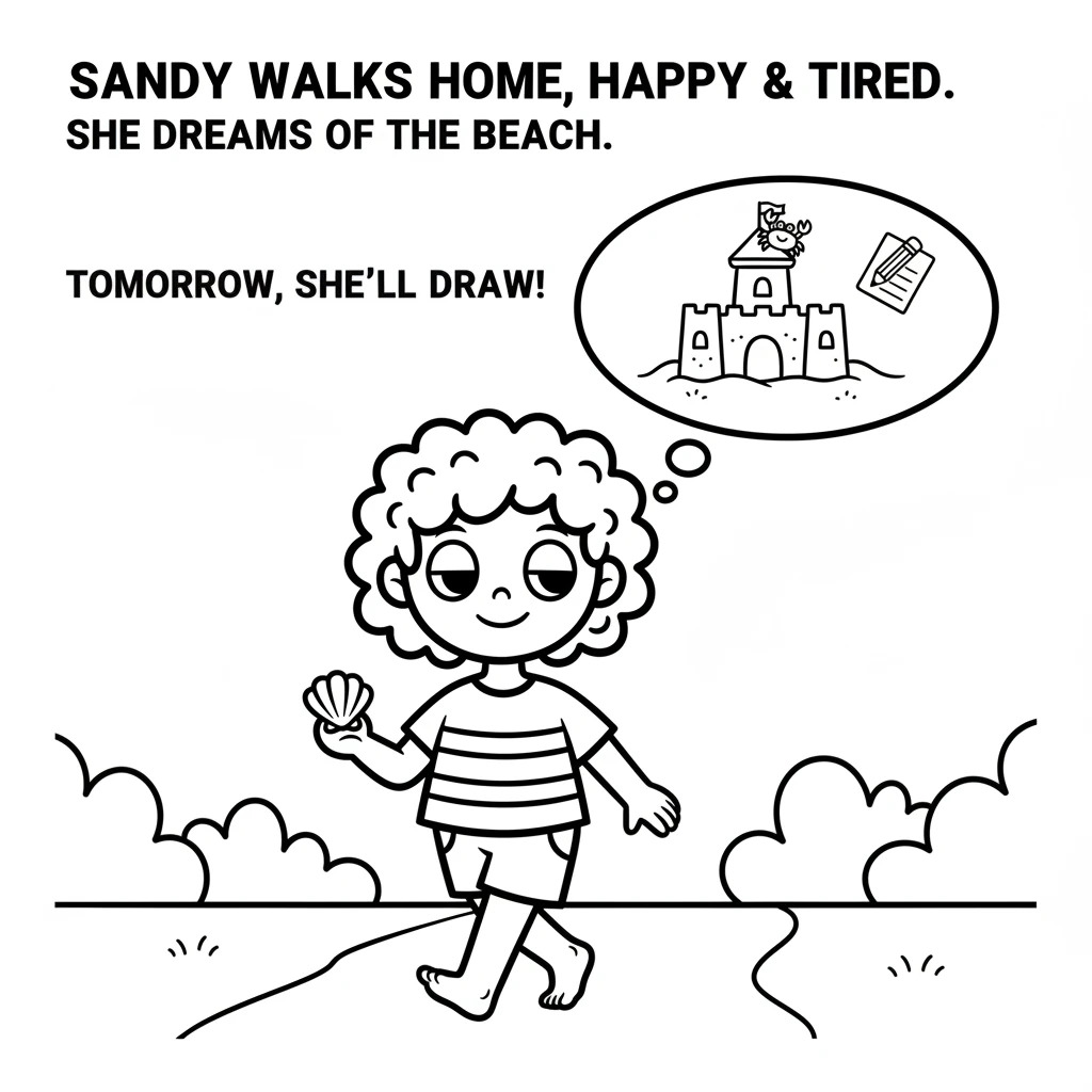 Sandy walks home, feeling happy and tired. She dreams of all the fun she had at the beach. Tomorrow, maybe she'll draw a picture of her sandcastle!