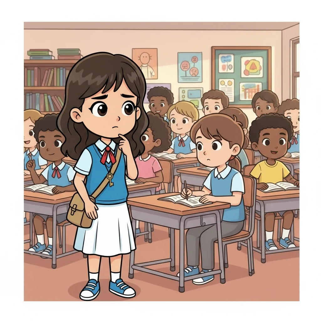 Aria bertanya-tanya tentang 'Lian.' Dalam ilustrasi ini, gambarkan Aria yang kebingungan, dengan bayangan samar seorang siswa lain yang duduk di kursi kosong di sampingnya. Ruangan kelas yang padat menjadi latar belakang yang mencolok.