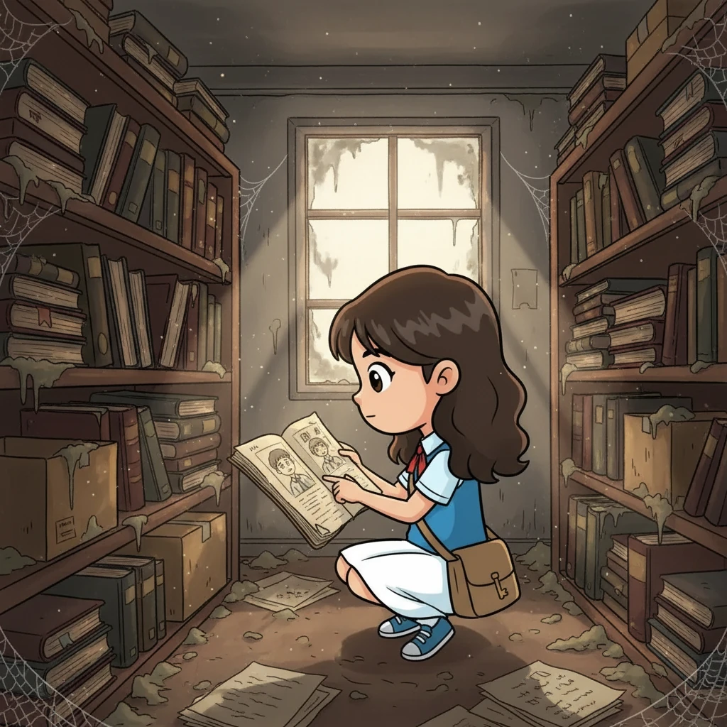 Karena penasaran, Aria menyelidiki arsip sekolah dan menemukan catatan tentang 'Lian,' seorang siswa yang hilang setelah dituduh curang. Tuduhan itu merusak hidupnya. Arsip itu tampak tua dan berdebu, menyiratkan rahasia yang tersembunyi.