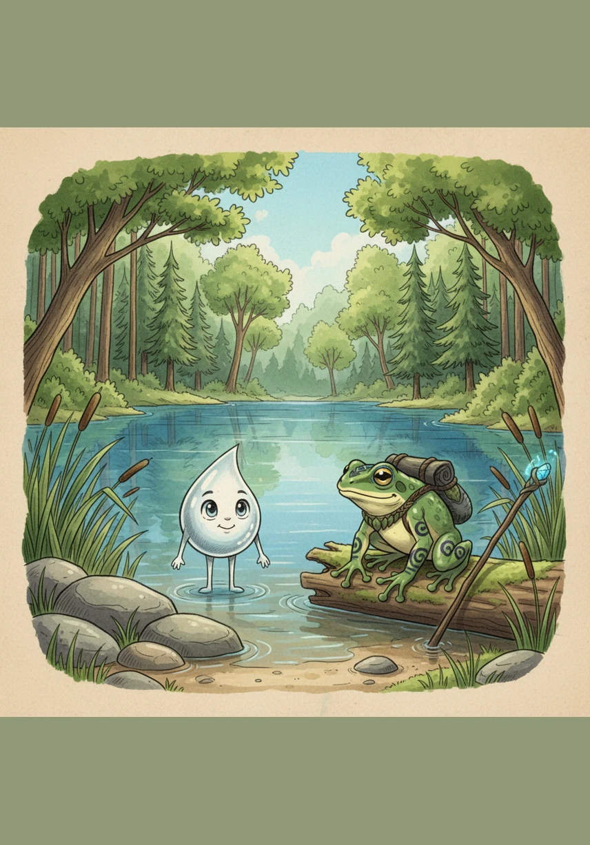As he begins his journey, Kapcho meets a friendly green frog by the edge of the lake. The frog listens to Kapcho's mission and decides to join him, knowing that water is home to many creatures. Together, they set off down a winding stream, ready to face the world and help those in need.