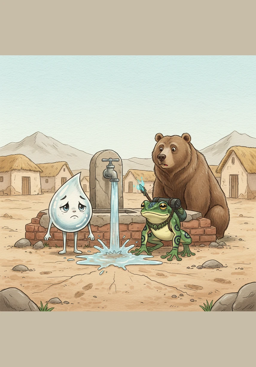 They arrive at a small village where they see a public tap left wide open, with water pouring out uselessly onto the dusty ground. Kapcho feels a pang of sadness seeing the precious liquid being wasted while no one is around. He explains to his friend that every single drop is vital for life on Earth.