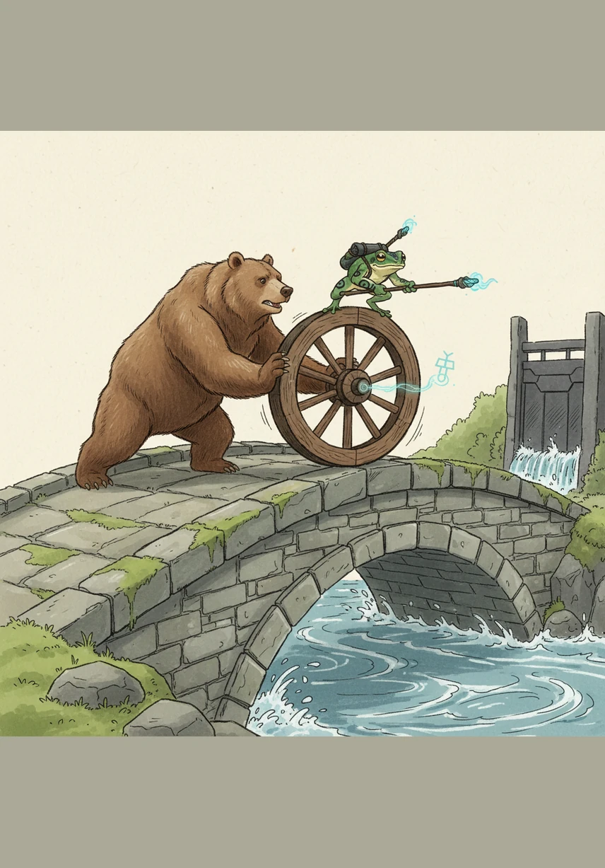 With a determined hop, the frog reaches up and helps Kapcho turn the heavy handle to stop the wasteful flow. They look at each other with satisfaction, knowing they have saved many drops from being lost forever. This small act of care is their first successful step toward protecting the world's water.