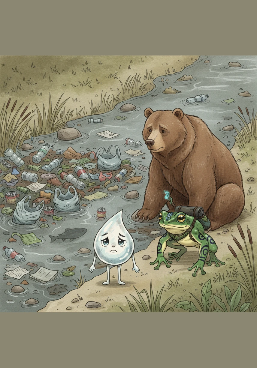 Their path leads them to a part of the river that is choked with plastic bottles, discarded paper, and old trash. The water has become murky and grey, hiding the stones and making it hard for any living thing to breathe. Kapcho whispers that people have forgotten how to care for the delicate home of the fish.