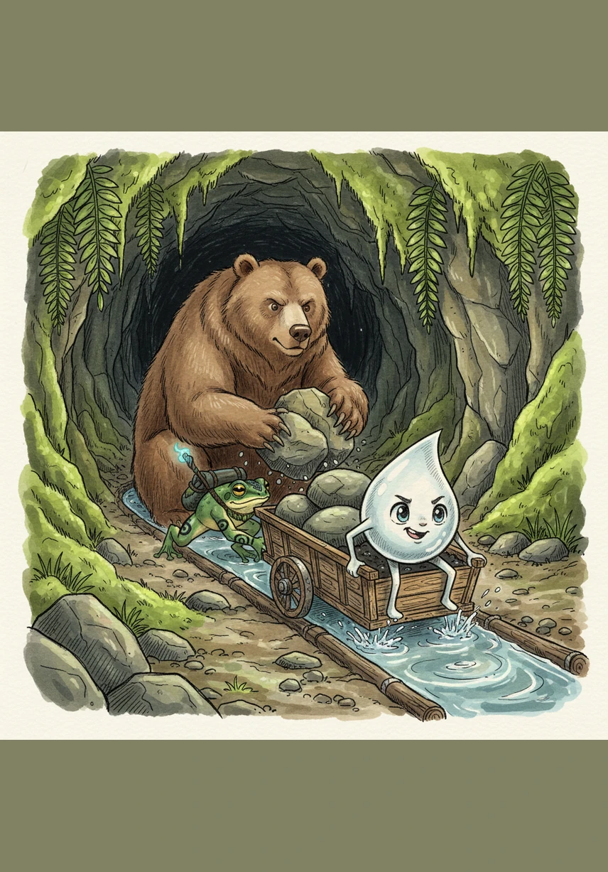 Kapcho and the frog work tirelessly together to pull the debris from the water and clear the riverbank. Slowly, the water begins to sparkle again as the sun hits the surface, revealing the beauty beneath. The hidden fish start to peek out from behind the rocks, grateful for their clean and safe home.