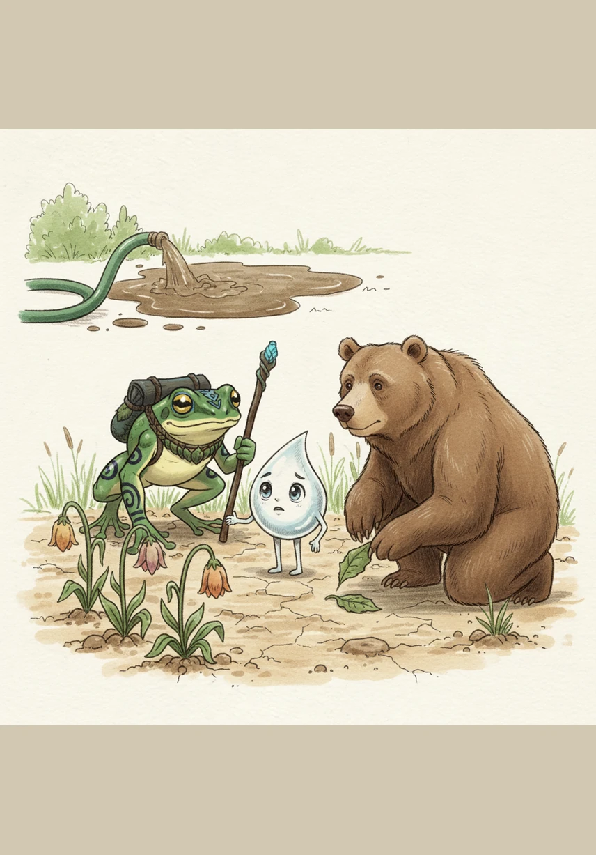 Further down the river, they find a garden where the plants are drooping and thirsty under the hot afternoon sun. They notice that while some areas are flooded by wasteful hoses, these poor flowers have been left forgotten and dry. Kapcho realizes that water must be shared wisely so that every living thing has enough to survive.