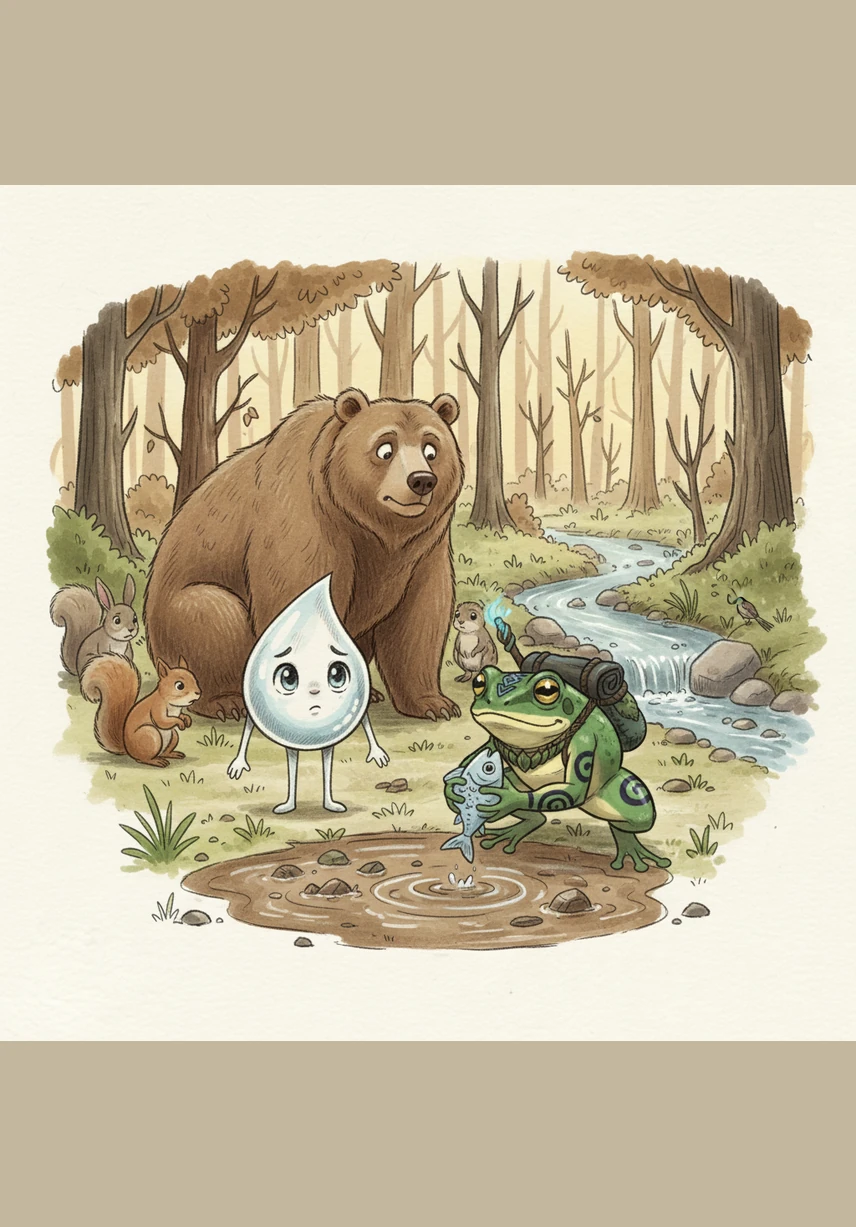 They encounter a tired little fish struggling in a patch of dirty water and a bear nearby who was worried about the changing forest. After helping the fish move to a clear stream and comforting the forest animals, the friends feel the weight of their journey. The animals remind them that when nature is protected, everyone is safe and happy.