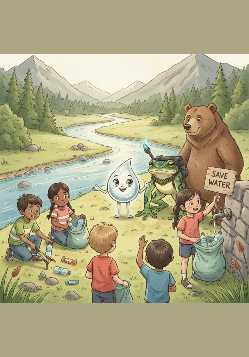 Finally, they reach a bend in the river where a group of children are busy picking up litter and turning off leaking taps. Kapcho realizes with joy that these children are the true Guardians of the Water he was searching for all along. He tells them the story of his journey and the many places that still need their help.