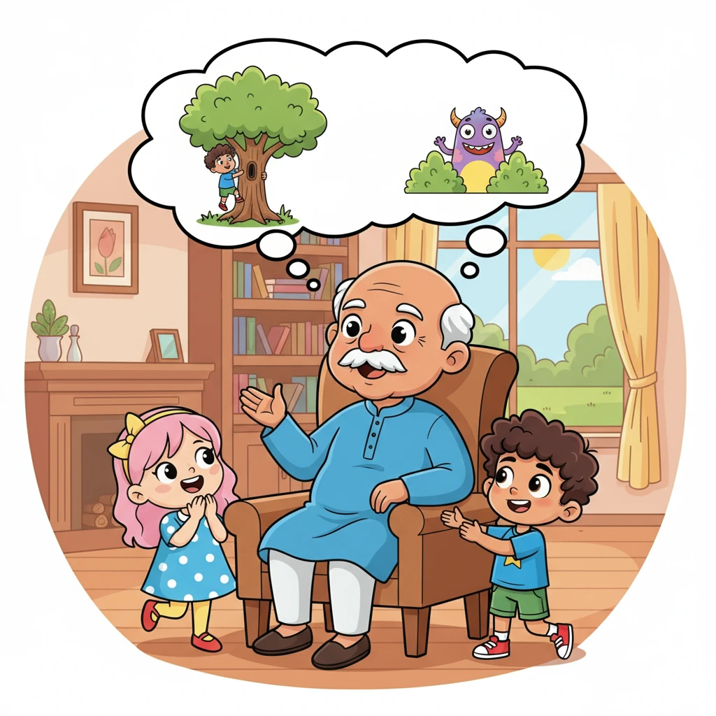 After a moment of quiet, Grandpa began telling hilarious stories from his childhood. His voice was full of magic, and his tales were bursting with playful mischief and unforgettable adventures.
