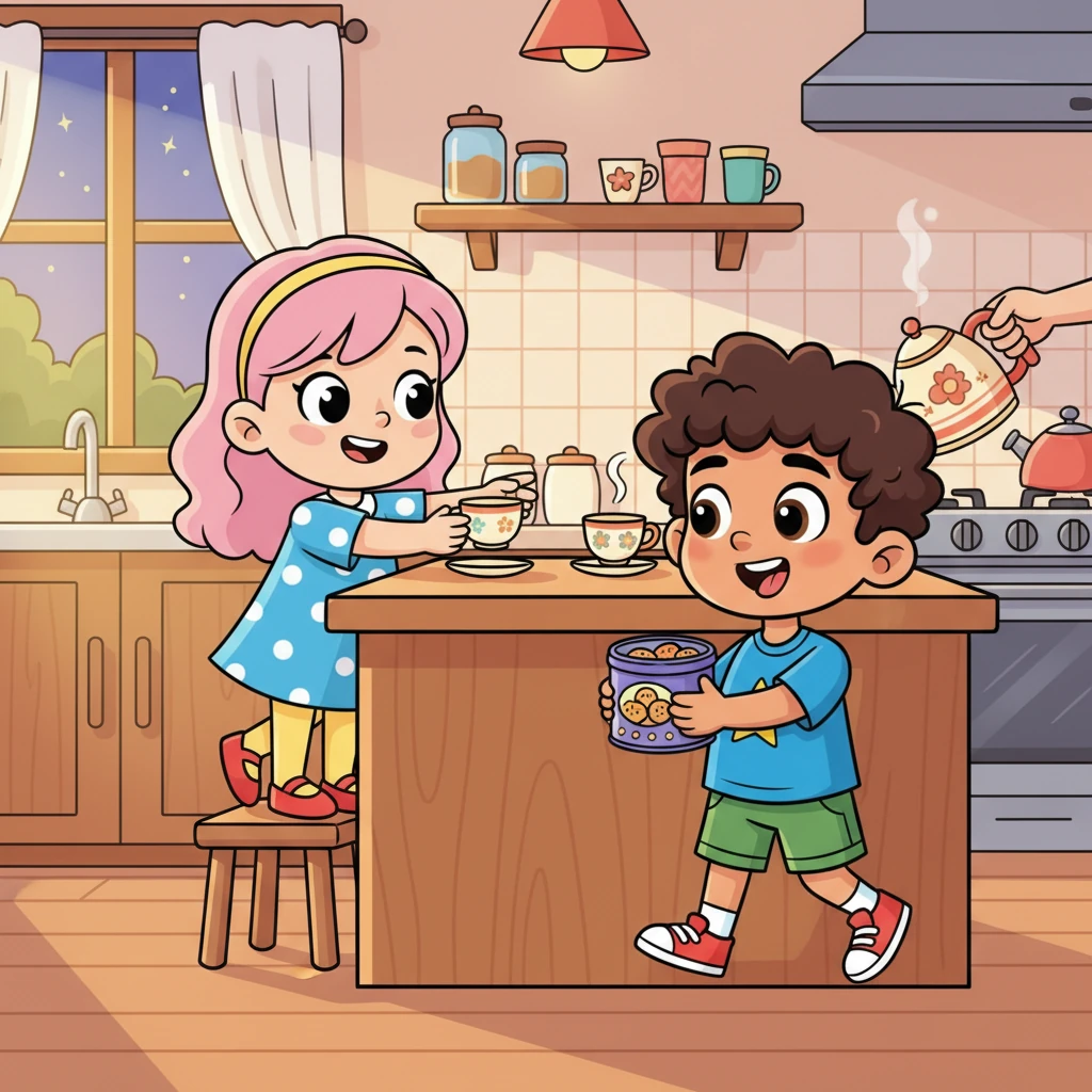 As evening approached, everyone decided to make tea together in the kitchen. Rohan and Pinky happily helped with little tasks like arranging cups and fetching biscuits, feeling like important chefs.