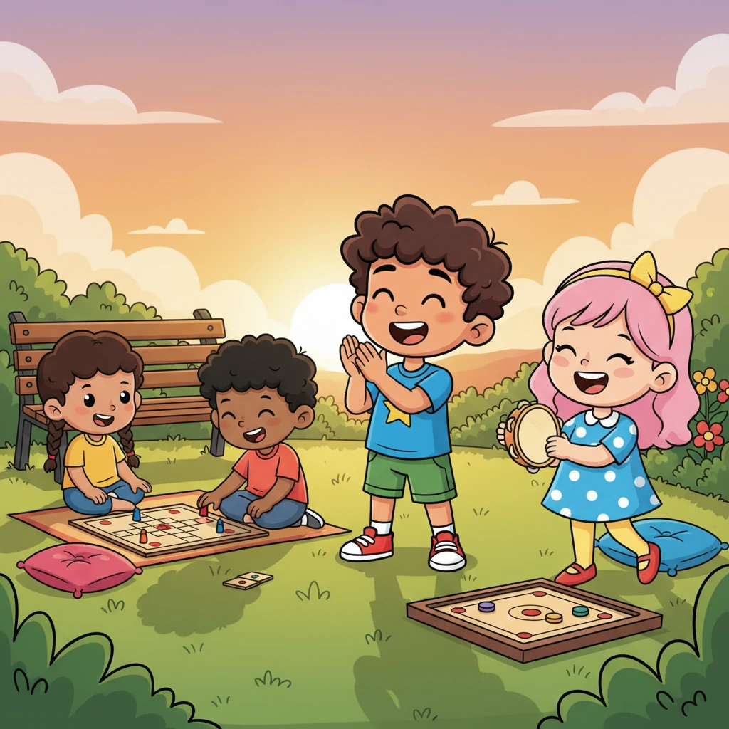 Afterward, they all went into the garden to play a variety of games. Ludo, carrom, and singing games filled the air with laughter and joyful shouts. The sun slowly set, painting the sky in warm orange hues.