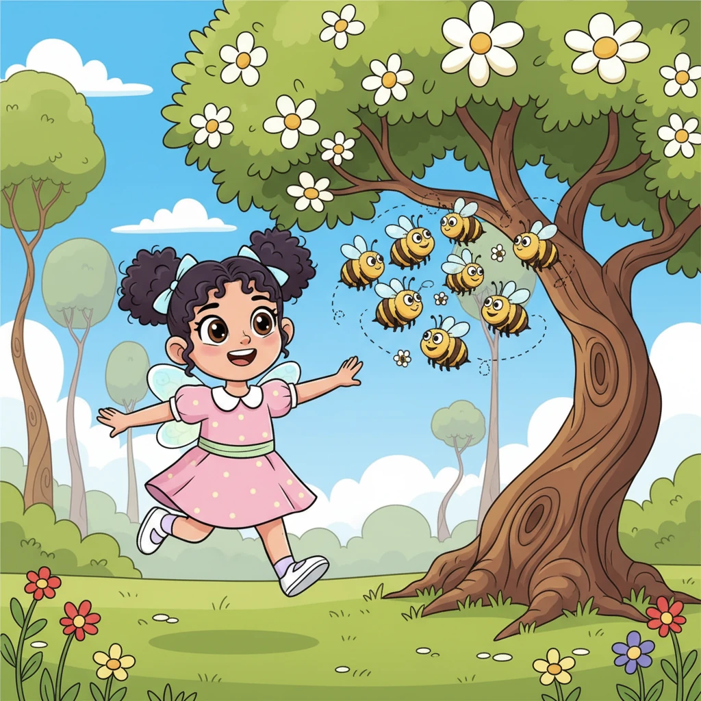 One sunny morning, Neha skipped happily into the park, a place filled with tall, whimsical trees and blooming flowers. Near a particularly giant, ancient tree, she noticed a flurry of buzzing activity. Many plump, fuzzy honeybees zipped and zoomed around its blossoms.