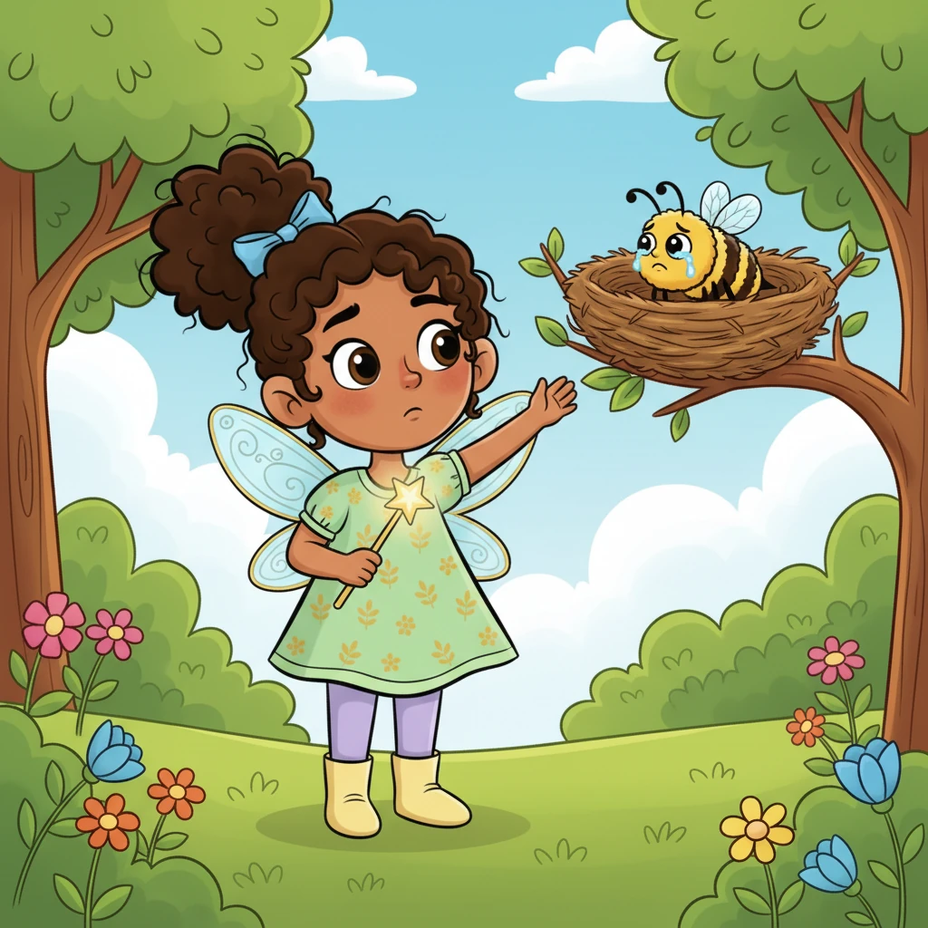 The very next day, Neha returned to the magical park, her heart full of wonder. This time, her smile faded when she spotted a lone honeybee, its fuzzy body tangled and stuck in a messy bird's nest on a low branch. Big, cartoon tears rolled down its face.