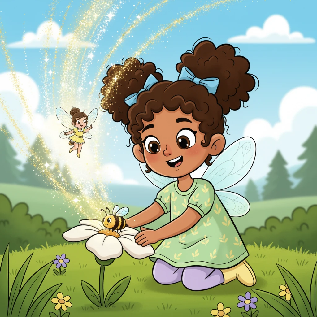 Neha's heart ached for the little creature. With the utmost care and a soft touch, she gently helped the trapped honeybee. Suddenly, in a dazzling burst of light and glitter, the honeybee transformed into a beautiful, tiny fairy with radiant wings!