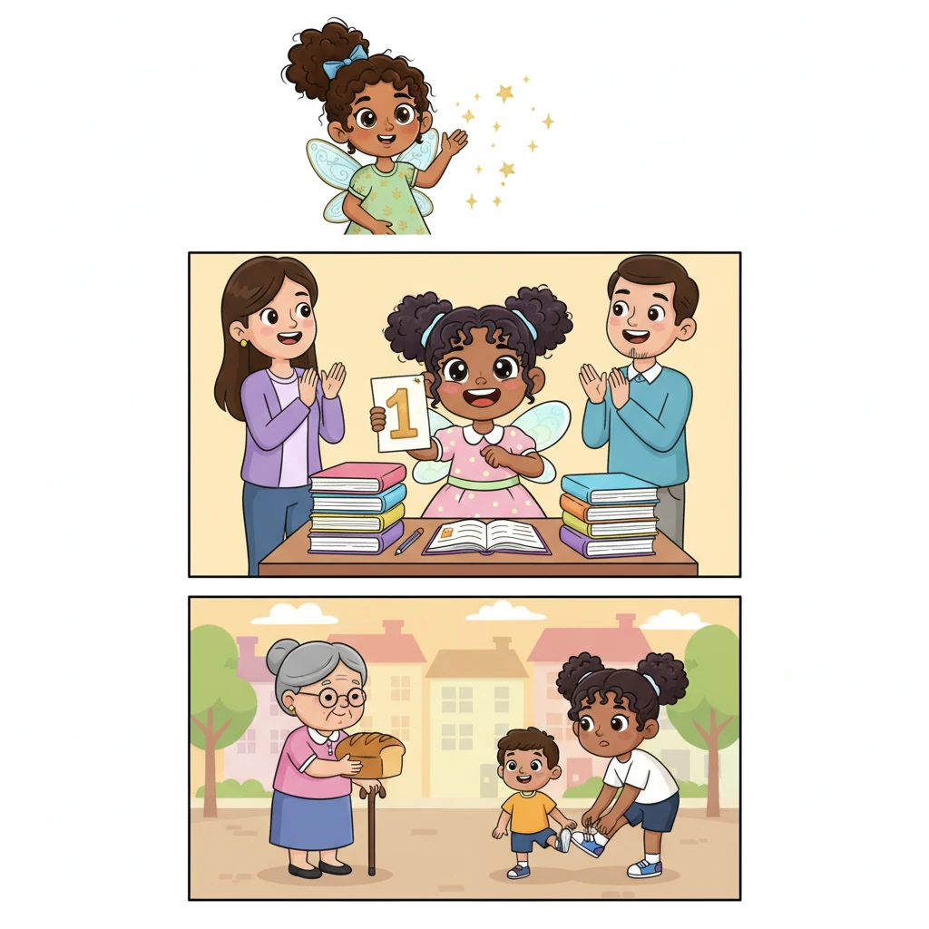 With a gentle wave of her hand, the fairy blessed Neha. True to her wishes, Neha excelled in her studies, always coming first in her class, making her parents incredibly proud and happy. She grew up to be a kind-hearted helper, touching many lives with her generosity.