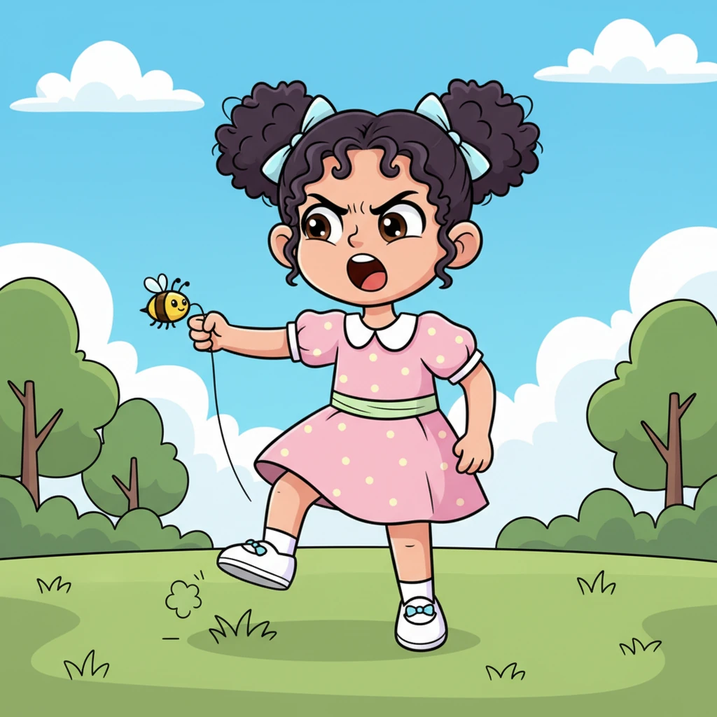 Niha, witnessing Neha's good fortune, felt a pang of exaggerated jealousy. Determined to get her own magic, she stomped angrily to the park. Spotting an innocent honeybee, she roughly snatched it, shouting loudly with a big, grumpy frown.