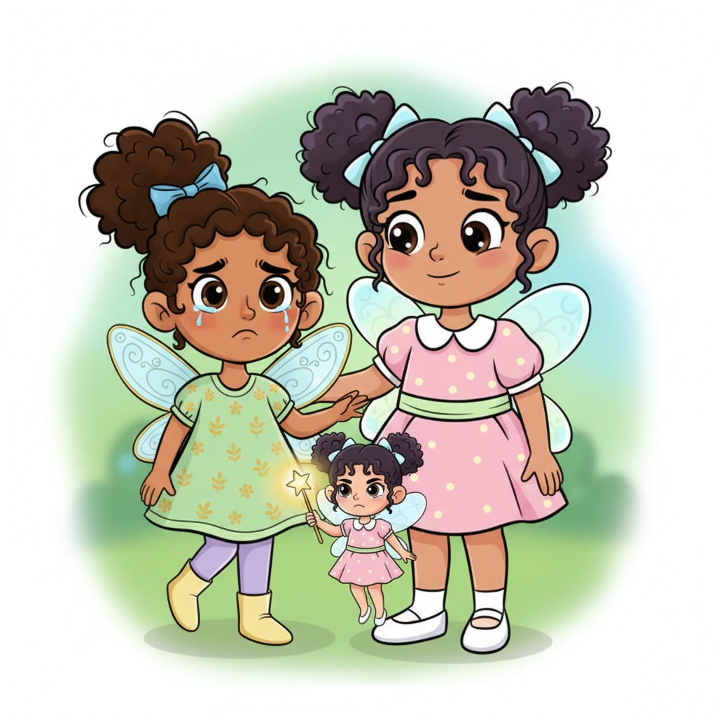 The fairy, now glowing with a stern but just anger, appeared before Niha. Niha's angry face crumpled into genuine regret. Neha, ever kind, gently put an arm around her sister, offering comfort. From that day on, Niha learned her lesson, becoming a good, kind girl, and the two sisters lived happily ever after, spreading kindness wherever they went.