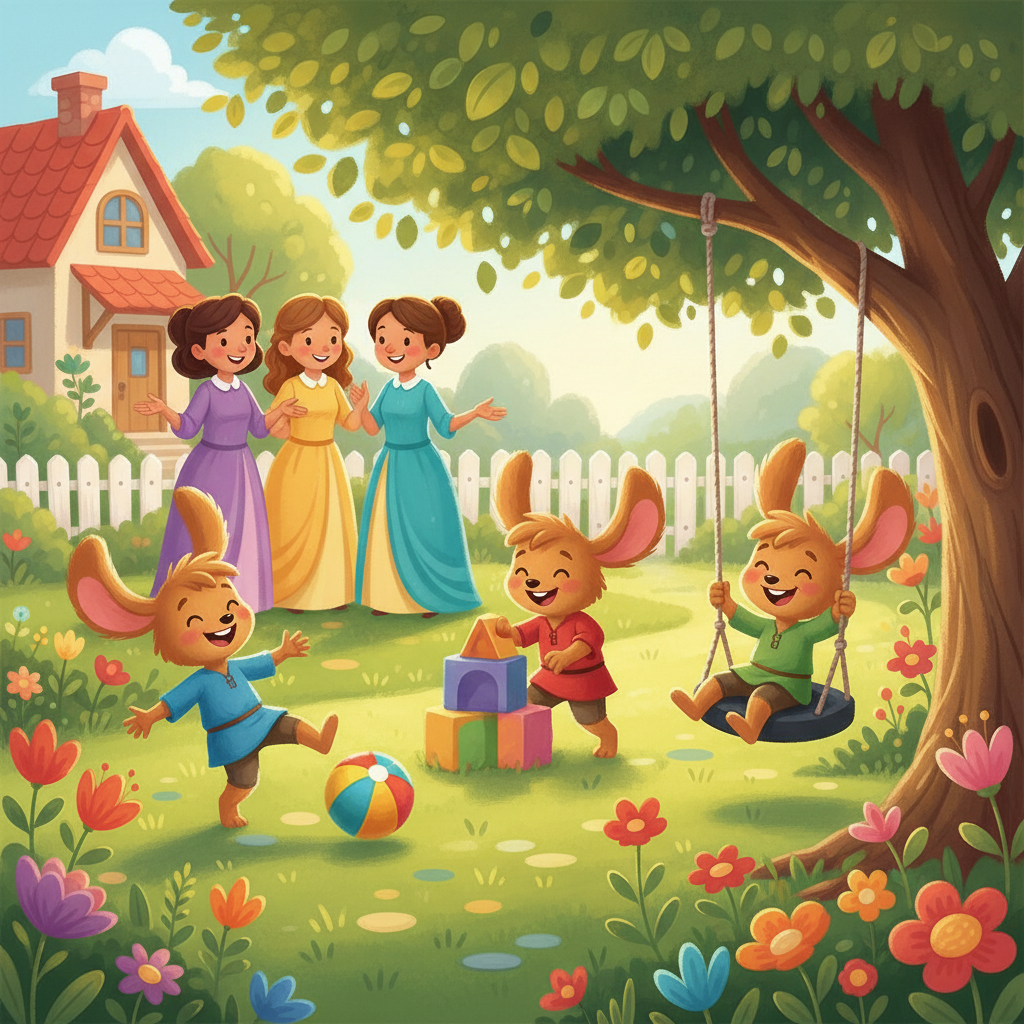 في هذه الأثناء، كان الإخوة يلعبون في الحديقة، بينما كانت الجارات يتبادلن أطراف الحديث في الخارج.