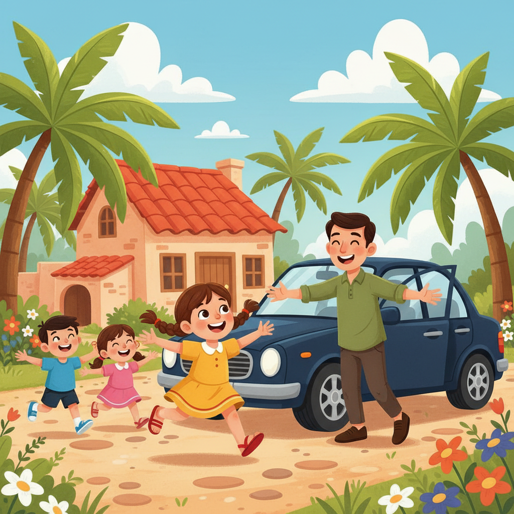 صرخت ملاك بفرح: أبي، لقد عاد أبي! وركضت نحو السيارة، يتبعها إخوتها.