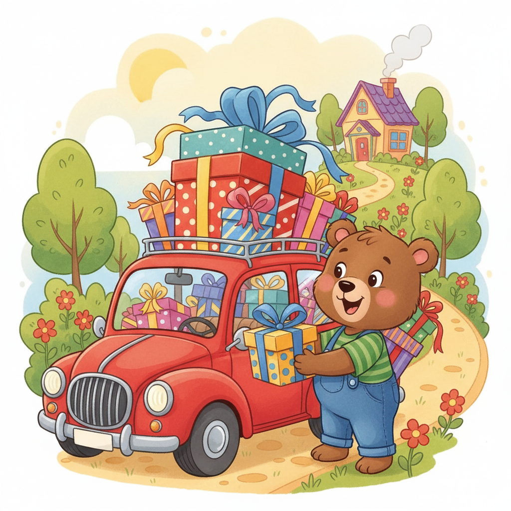 كانت السيارة محملة بالصناديق الكبيرة، مليئة بالهدايا والأشياء الجميلة التي جلبها الأب.