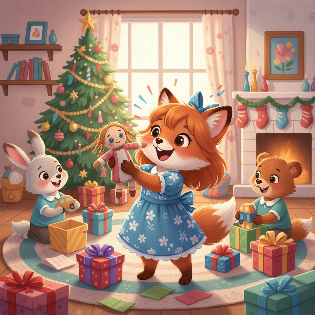 في الداخل، فتحوا الهدايا معًا، وضحكاتهم تملأ المكان. ملاك حصلت على دمية جديدة!