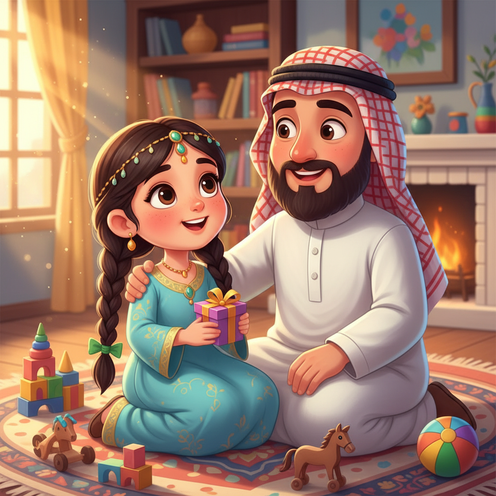 في نهاية اليوم، جلست ملاك مع أبيها، تشكره على الهدايا، بينما كانت تشعر بالسعادة والحب يغمران قلبها.