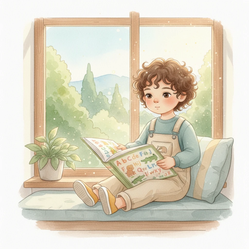 Leo, a curious child, sits by a window, a large, colorful alphabet book open on his lap. Soft sunlight streams through, illuminating dust motes dancing in the air, making the room feel warm and inviting. He dreams of meeting animals from A to Z, wondering what makes each one special and a little bit silly, as the world outside blends into a soft, inviting blur of green and blue.