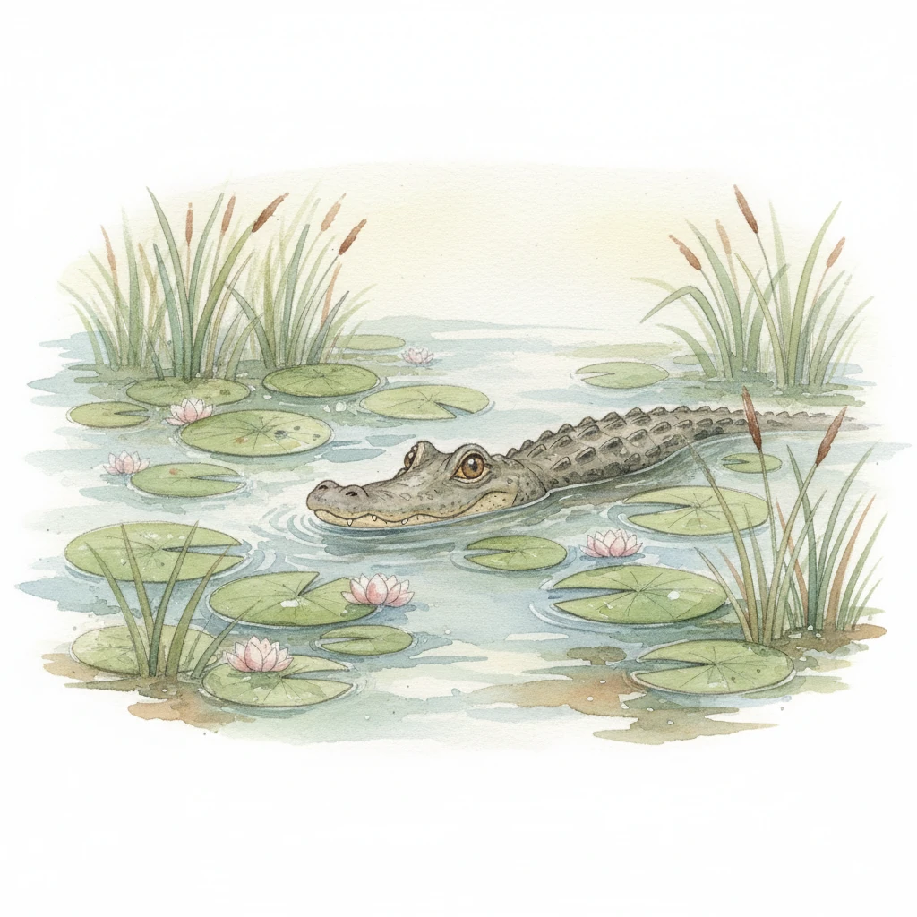 A is for Alligator! A long, friendly alligator peeks just above the water's surface in a lily-pad filled pond, its eyes sparkling with curiosity. Its best trick is being an amazing swimmer, gliding silently through the reeds, a true master of camouflage. But sometimes, it's a bit too good at hiding, making it hard for friends to find it for a game of peek-a-boo! Soft washes of greens and blues create the swampy environment.