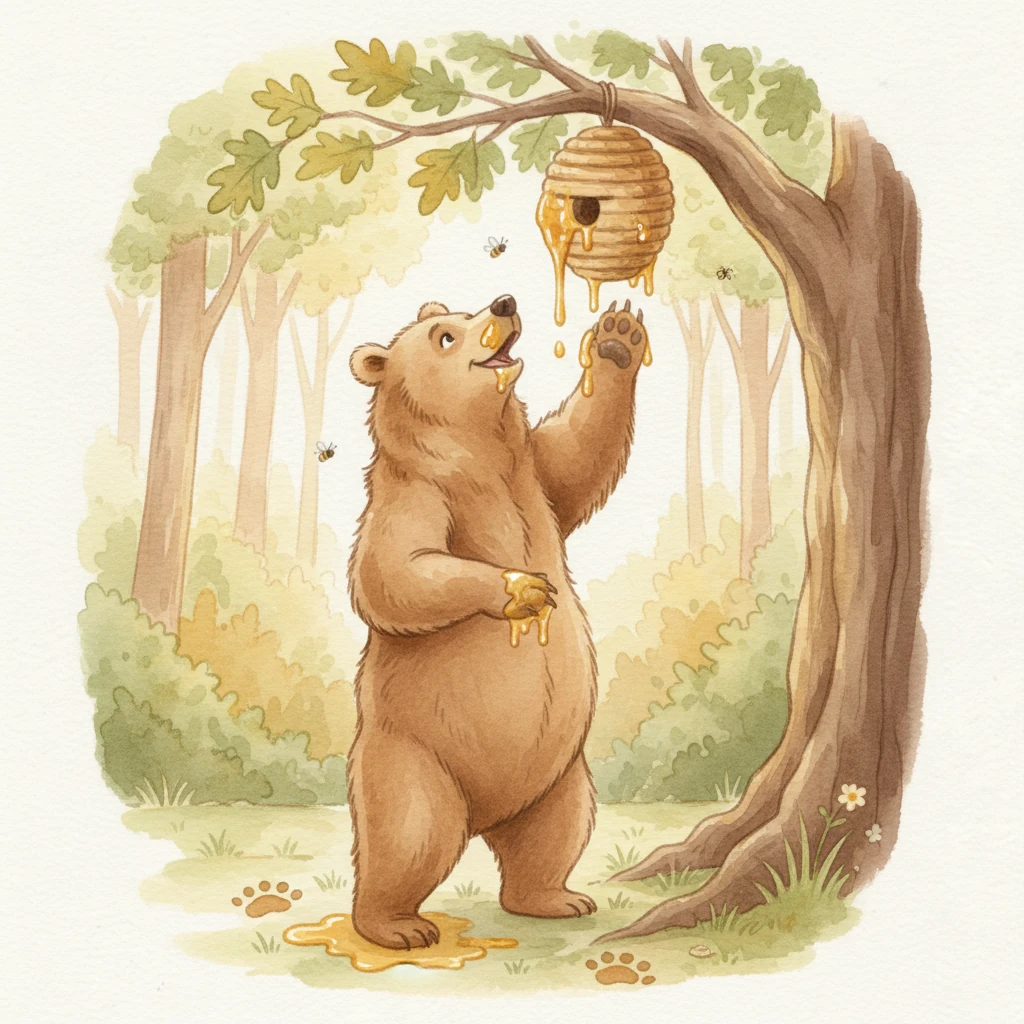 B is for Bear! A fluffy brown bear stands on its hind legs in a sun-dappled forest clearing, reaching for a beehive dripping with golden honey. Its best quality is being super strong and giving the warmest, gentlest hugs to its cubs. The only tricky thing is that it loves honey so much, its paws often get wonderfully sticky, leaving sweet little prints everywhere it goes. Warm amber and soft brown tones dominate this cozy forest scene.