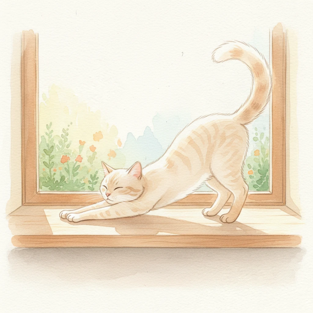 C is for Cat! A sleek, cozy cat stretches languidly on a sun-drenched windowsill, its tail flicking gently like a soft paintbrush. Its most wonderful trait is its elegant grace and the soft, rumbling purr it makes when happy and content. However, sometimes this lovely cat gets so lost in its luxurious naps that it might not hear you call its name for playtime, preferring its dreamy slumber. Light, airy pastels of cream and peach glow around the serene feline form.