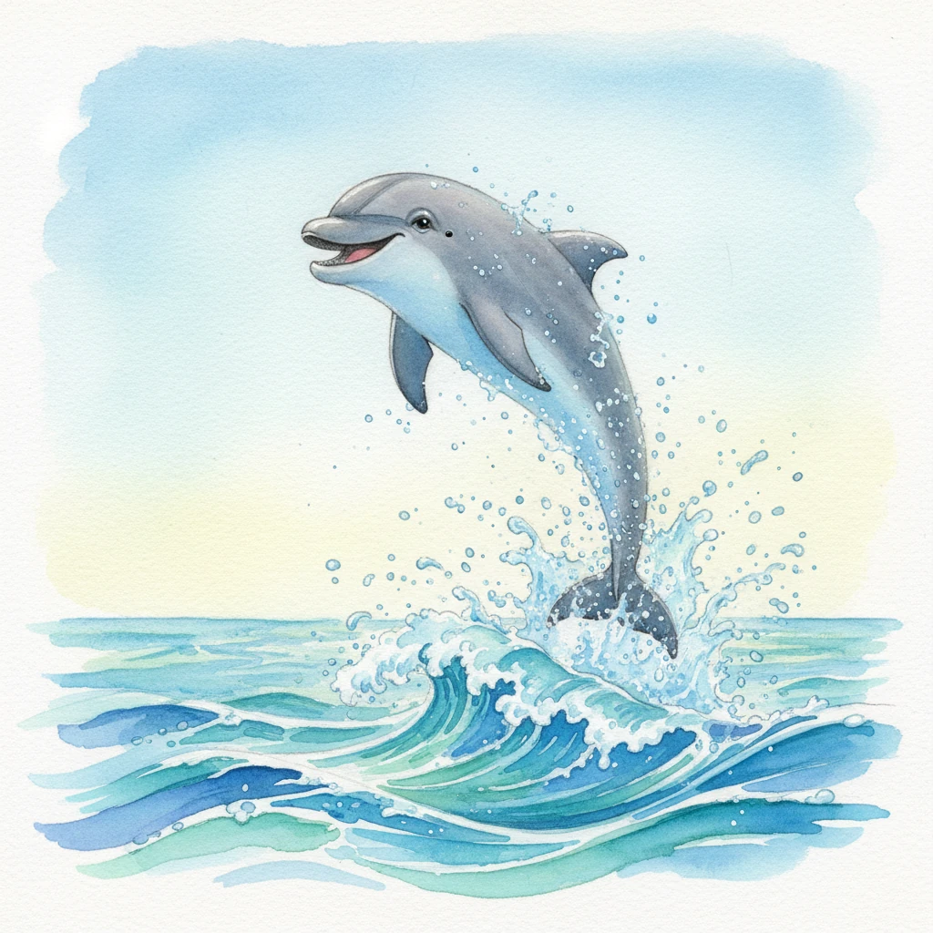 D is for Dolphin! A joyful dolphin leaps high above the sparkling ocean waves, a playful smile on its face, surrounded by shimmering spray. Its best characteristic is being incredibly friendly and loving to jump and splash with its friends in the wide blue sea. The only little quirk is that when it gets super excited, it splashes *everyone* nearby, sending glistening drops flying in all directions with boundless energy. Dynamic blues and teals flow across the page, capturing the ocean's vibrant movement.