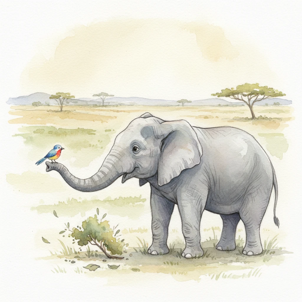 E is for Elephant! A magnificent, gentle elephant gazes thoughtfully into the distance across a vast savanna, a tiny, colorful bird perched gracefully on its trunk. Its best qualities are its gentle nature, great wisdom, and remembering everything with its impressive memory. The only funny thing is that being so wonderfully big, it sometimes forgets its size and might accidentally bump into a small tree or a bush, causing a gentle wobble. Soft greys and earthy greens create a serene, expansive landscape.