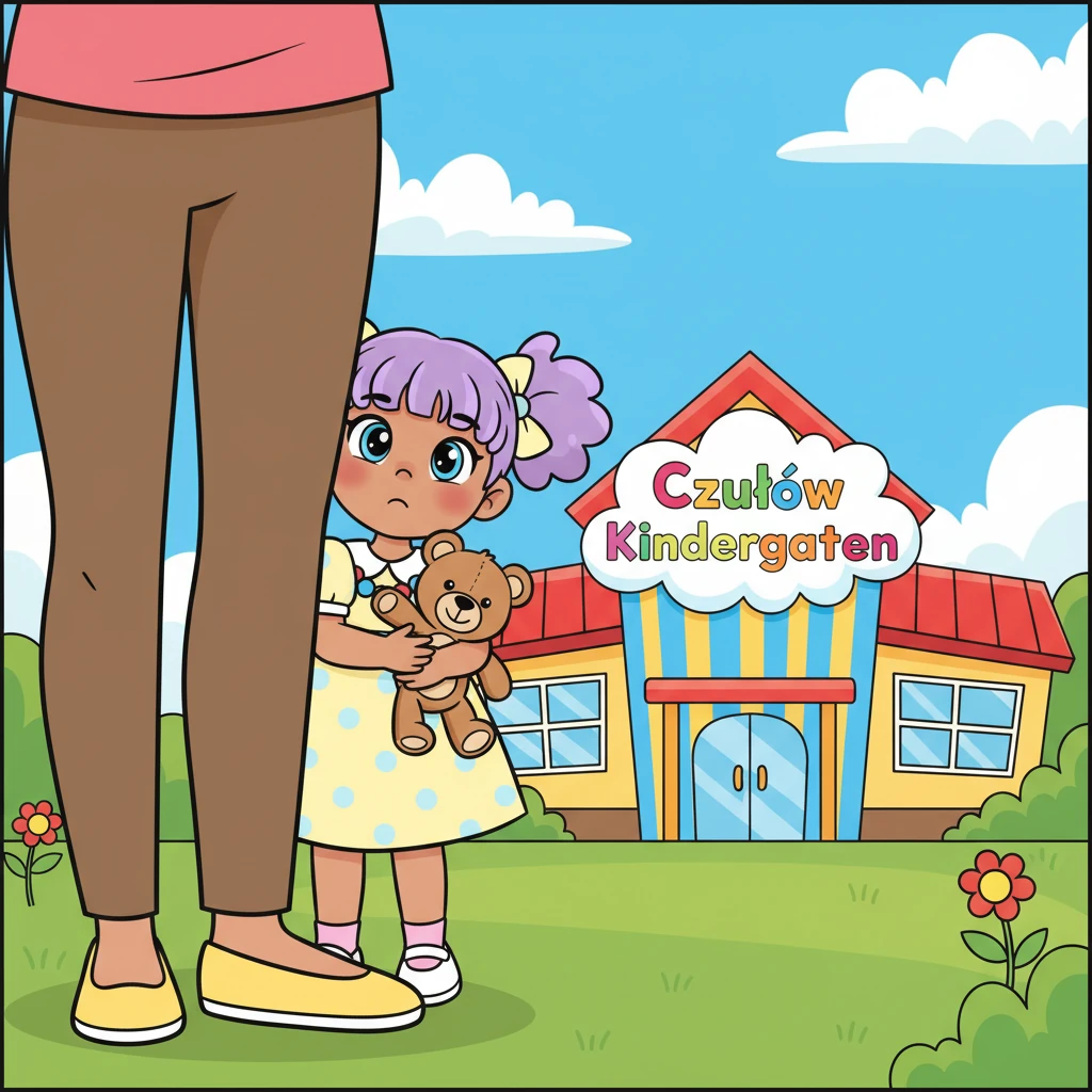 Lily peeks from behind her mom's leg, a tiny frown on her face. Her big, curious eyes gaze at a colorful building with a big, friendly sign that says "Czułów Kindergarten." She clutches her little teddy bear tightly, feeling a flutter of nerves in her tummy.
