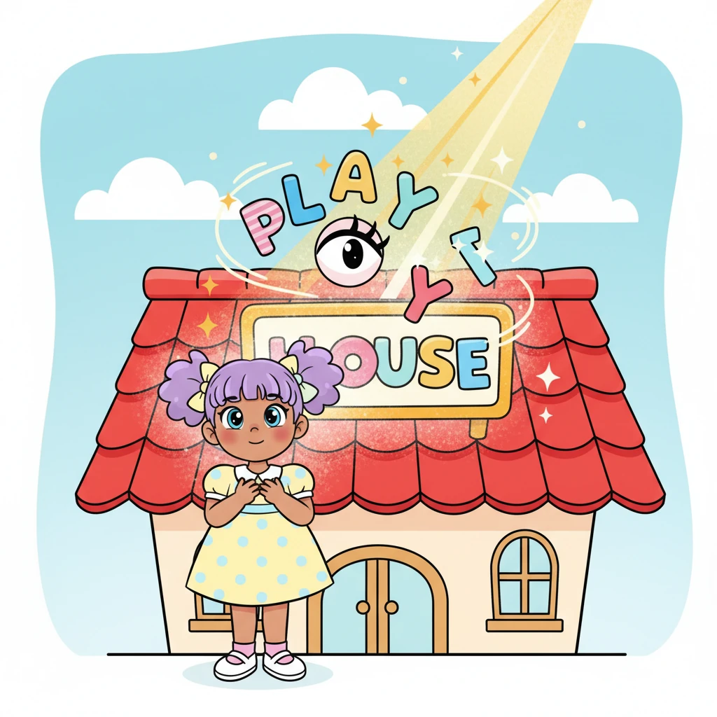 Suddenly, the sign winks at her! In her imagination, the letters dance with joy, inviting her closer. A playful sunbeam bounces off the bright red roof, making the whole building sparkle with a friendly glow. Lily takes a deep breath, a tiny smile starting to form.