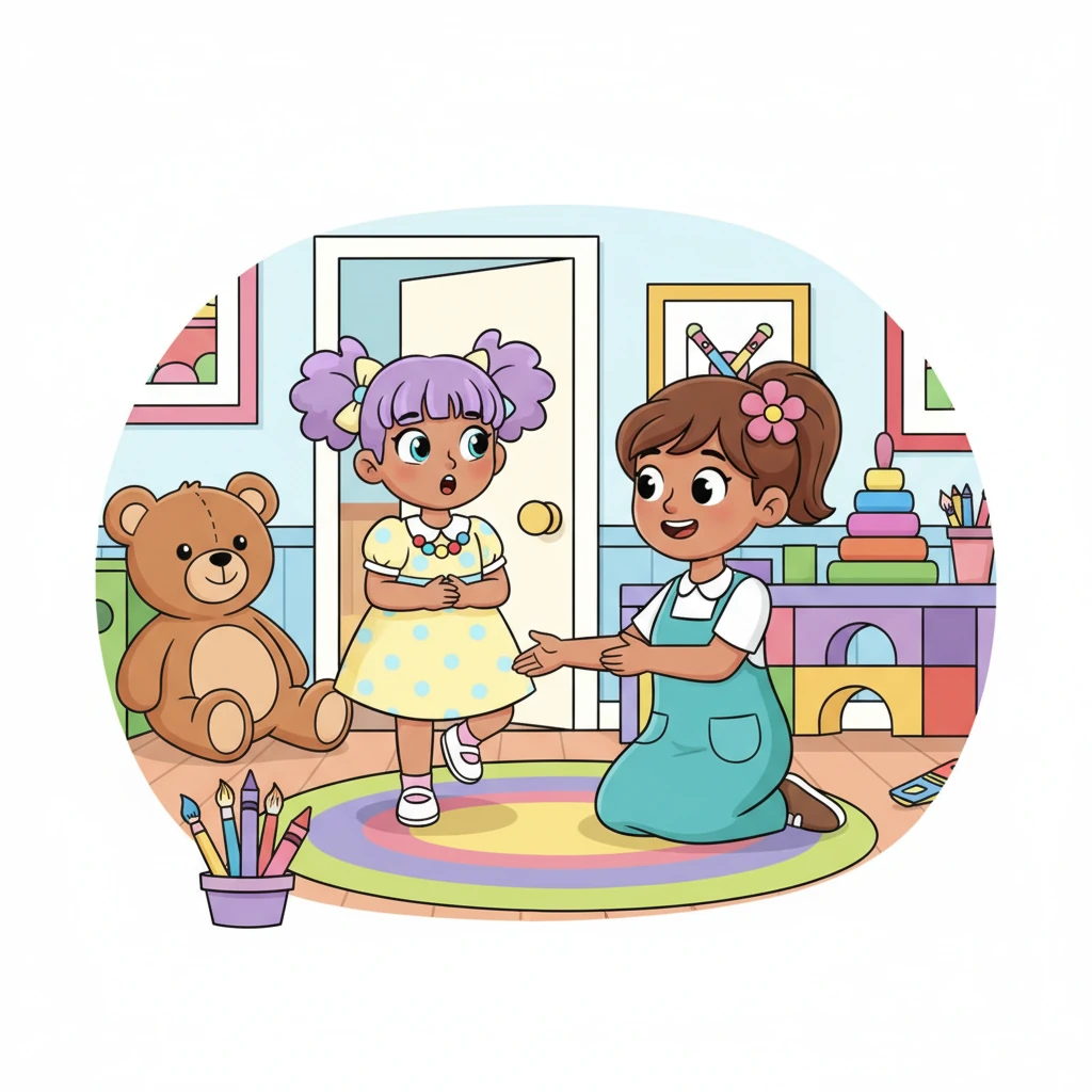 Stepping inside, Lily's eyes widen at a room bursting with color! Giant plush animals, sparkling art supplies, and a rainbow of blocks fill every corner. A kind teacher with a warm smile and a flower in her hair kneels down, ready to welcome her.