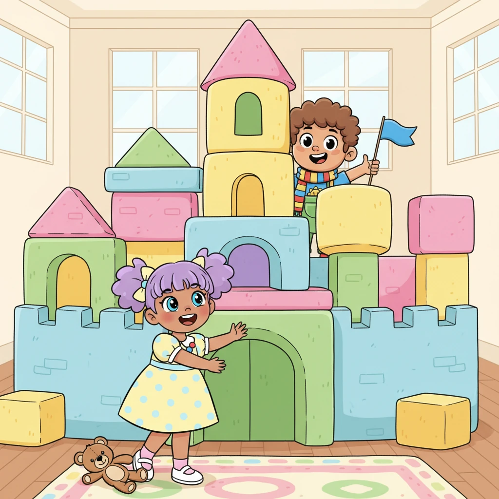 Her gaze lands on an incredible castle built from oversized, soft blocks, reaching almost to the ceiling! A little boy with a mischievous grin peeks from behind a turret, inviting her to join his royal guard. Lily giggles, dropping her teddy bear to grab a block.
