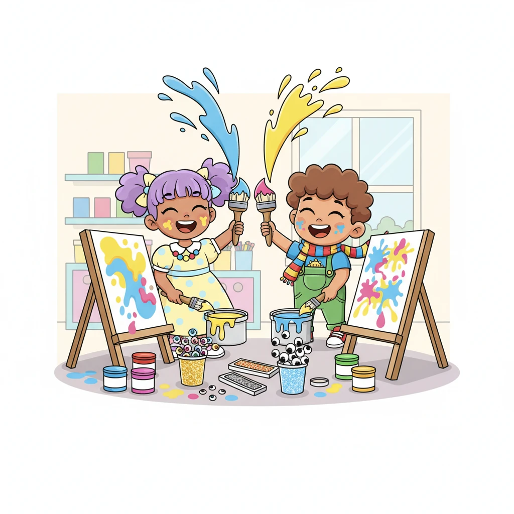 Soon, Lily and her new friend are at the art station, surrounded by tubs of glitter, vibrant paint, and wiggly googly eyes. They dip giant brushes into pots of sunshine yellow and sky blue, creating the most wonderfully wild masterpieces together. Splashes of color fly everywhere!