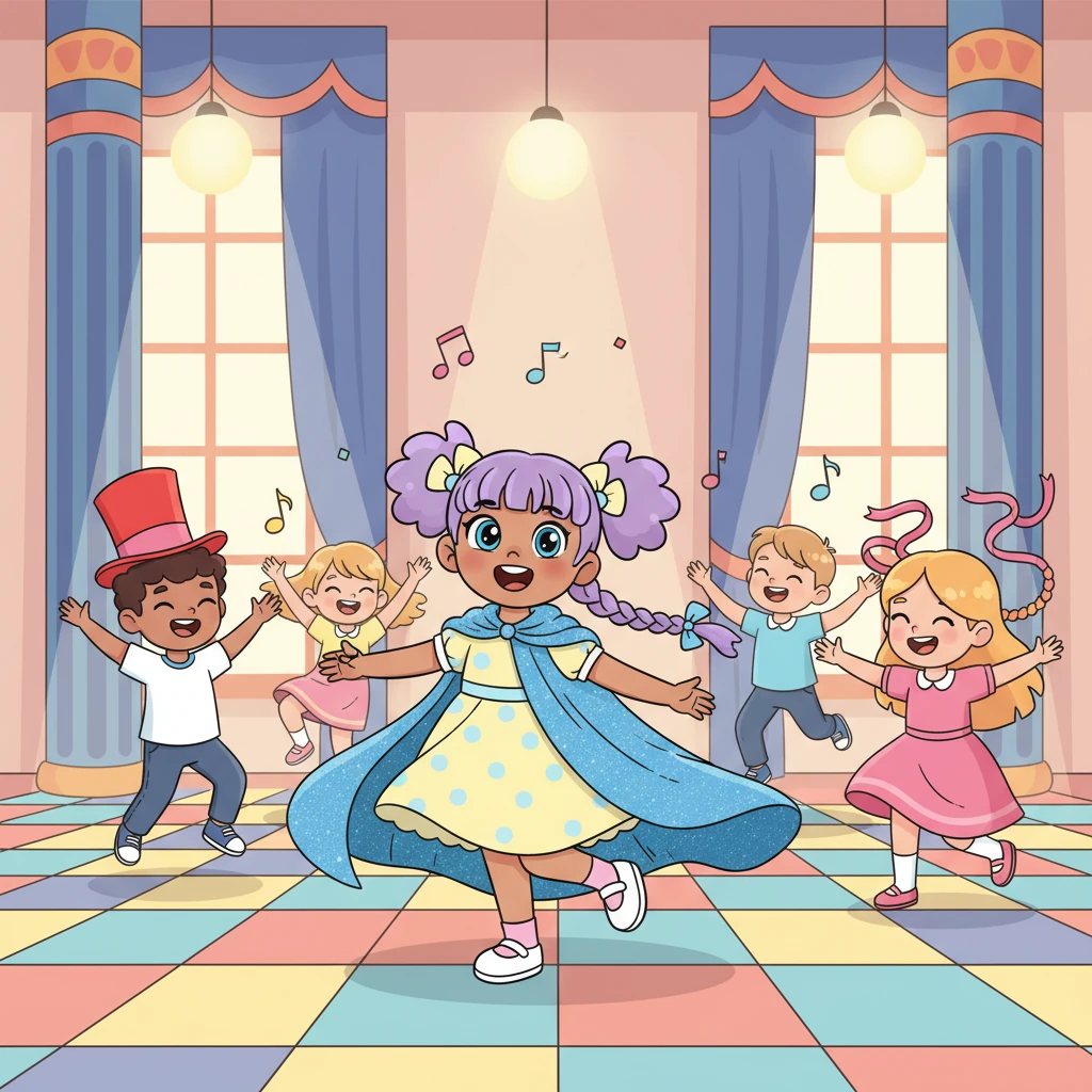 Music fills the air, and suddenly, the room transforms into a dance floor! Children twirl and bounce, some wearing silly hats, others with ribbons in their hair. Lily, with a sparkly cape around her shoulders, spins with joy, feeling like she's at a grand ball.